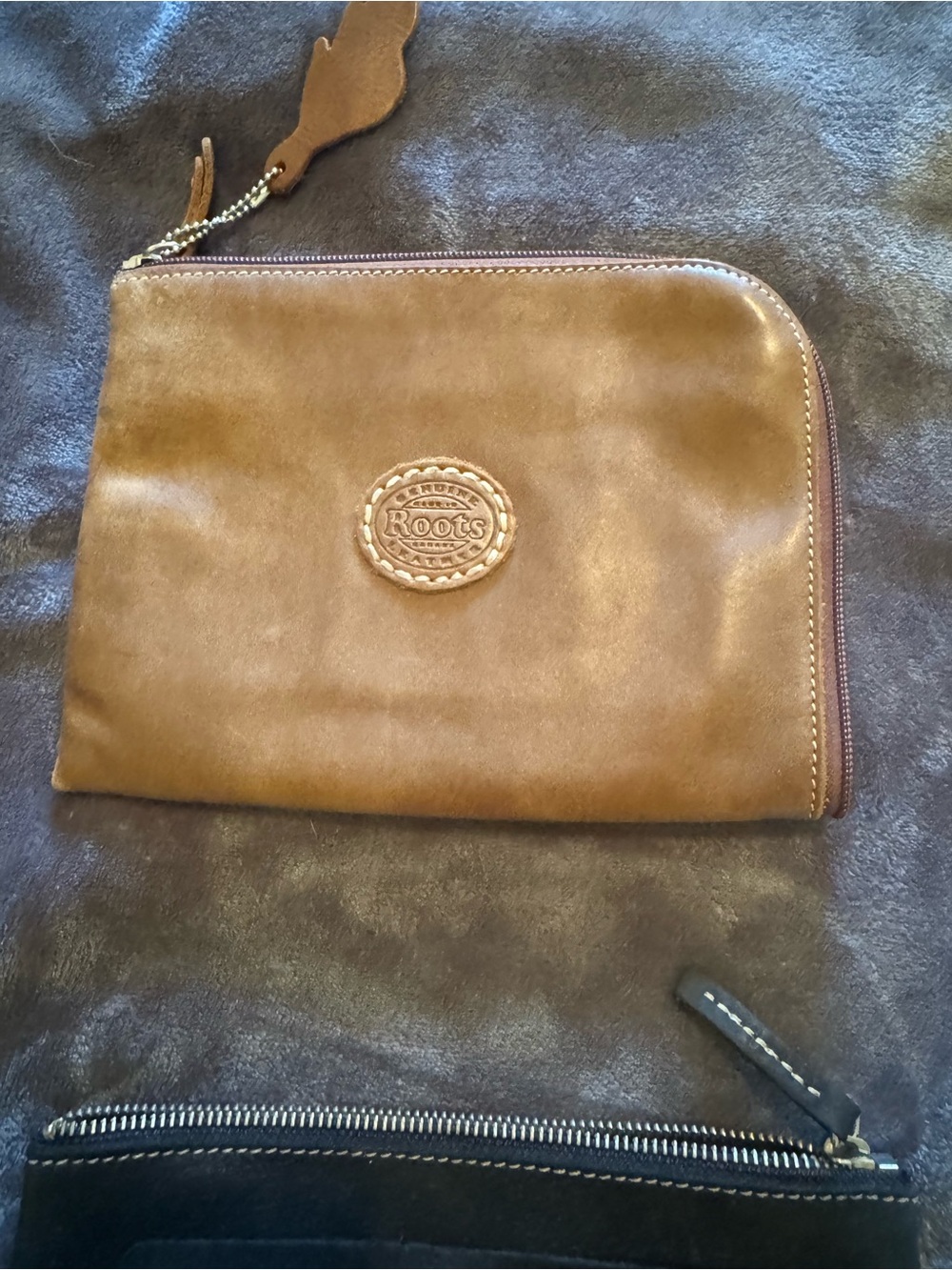 Roots Brown Leather Zip Pouch Clutch